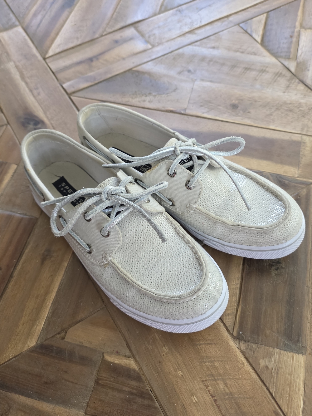 Sperry Women's Beige Sequin-Accent Boat Shoes, 5.5